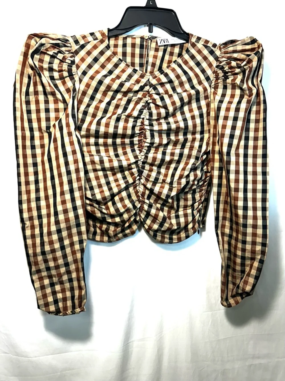 Zara Checked Puff-Sleeve V-Neck Blouse in Brown
